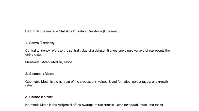 B.Com 1st Sem Statistics Important Concepts & Questions - Studocu