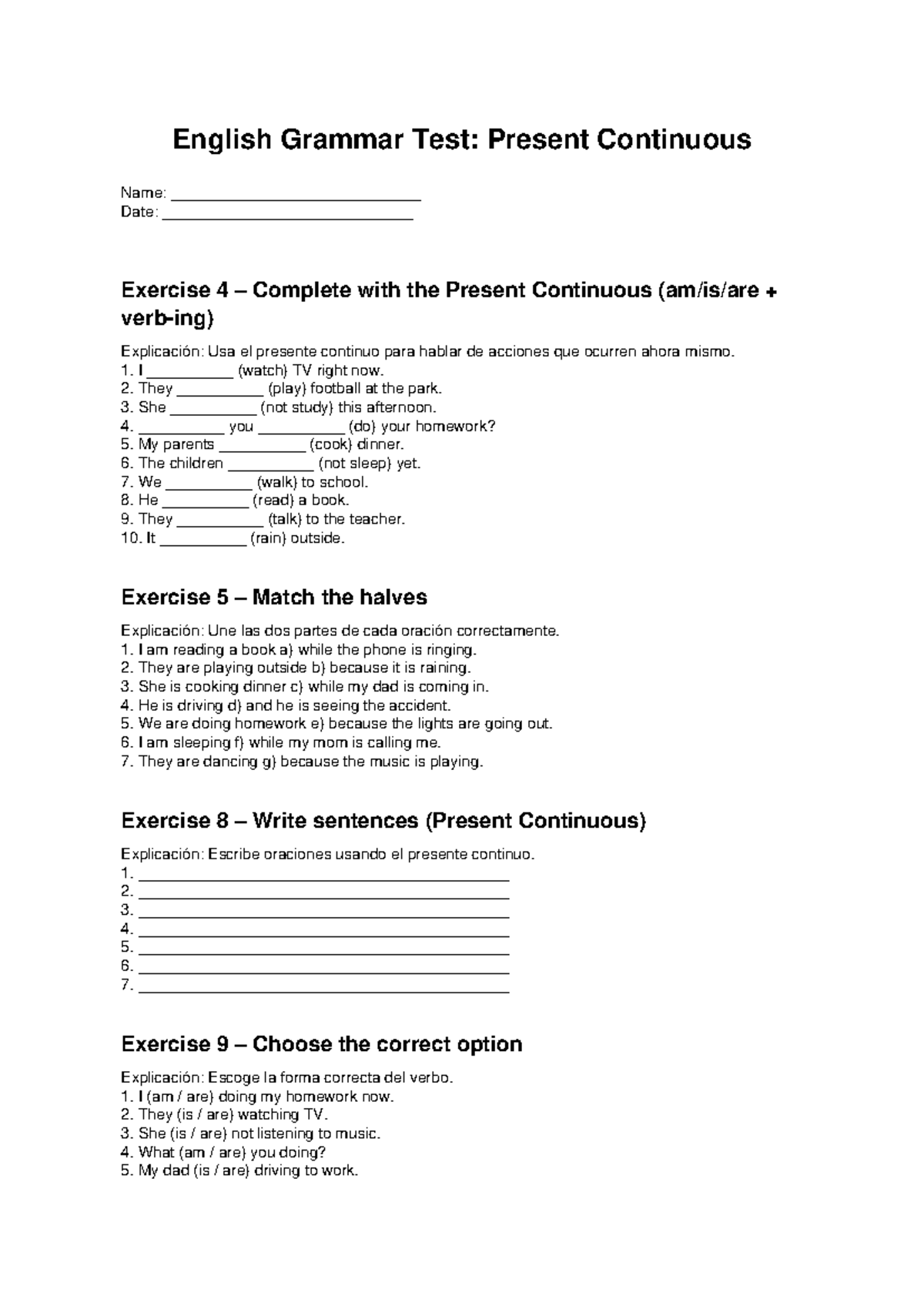 Present Continuous Test: Exercises & Answers - Studocu