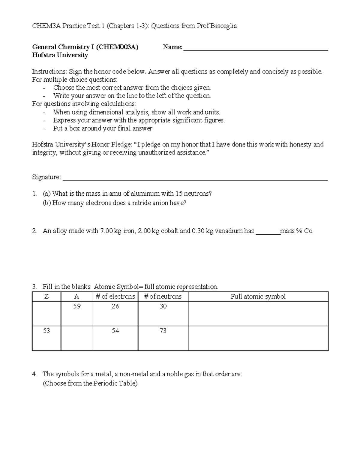 CHEM003A Practice Test 1: Chapters 1-3 Questions from Prof. Bisceglia ...