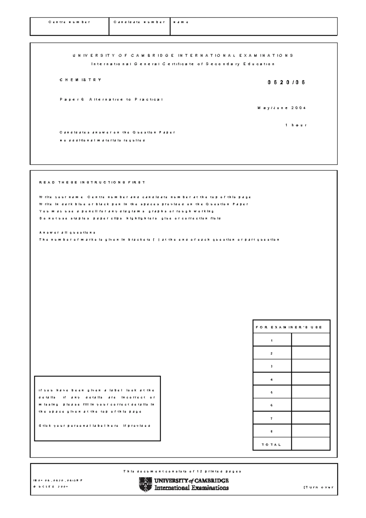 IGCSE Chemistry 0620/06 Alternative to Practical Exam Paper 2005 - Studocu