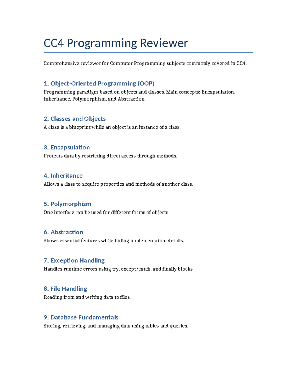 CC4 Programming Reviewer: Comprehensive Guide to OOP & More - Studocu