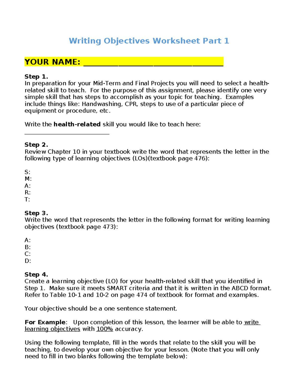 W5A Mid-Term & Final Projects Objectives Worksheet Part 1 - Studocu