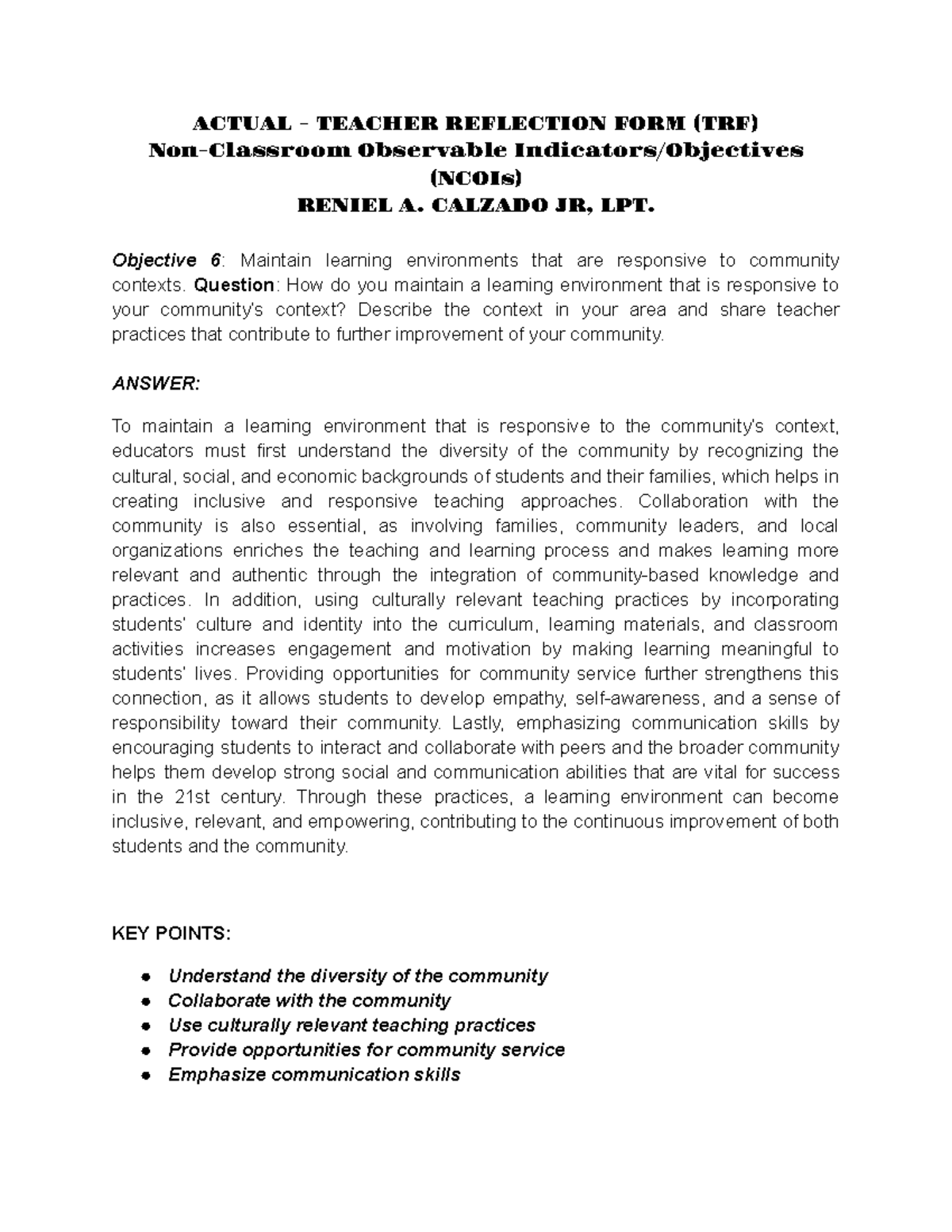 ACTUAL TEACHER REFLECTION FORM (TRF) - Final Copy Insights - Studocu