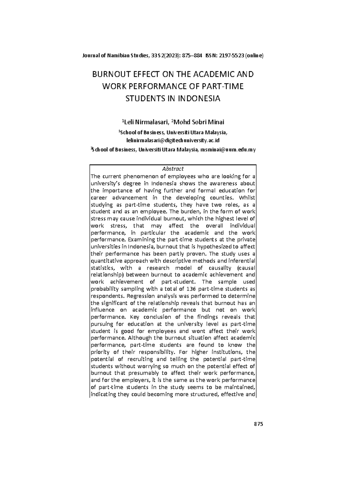 Burnout Effects on Academic & Work Performance of Part-time Students in ...