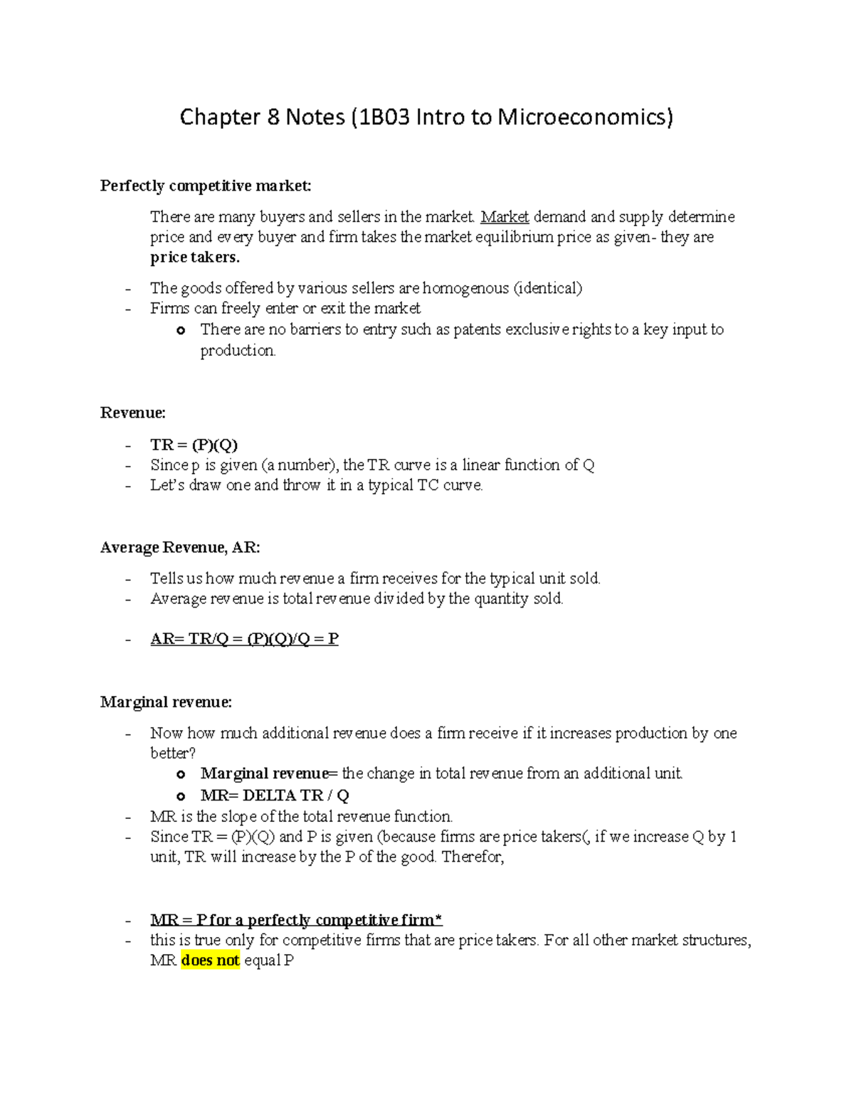Chapter 8 Notes on Perfect Competition (1B03 Intro to Microeconomics ...