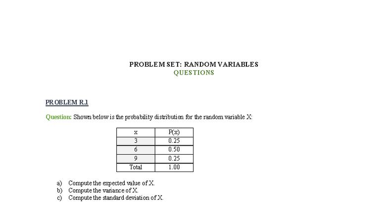 PS.Rand Var.P: Problem Set on Random Variables and Distributions - Studocu