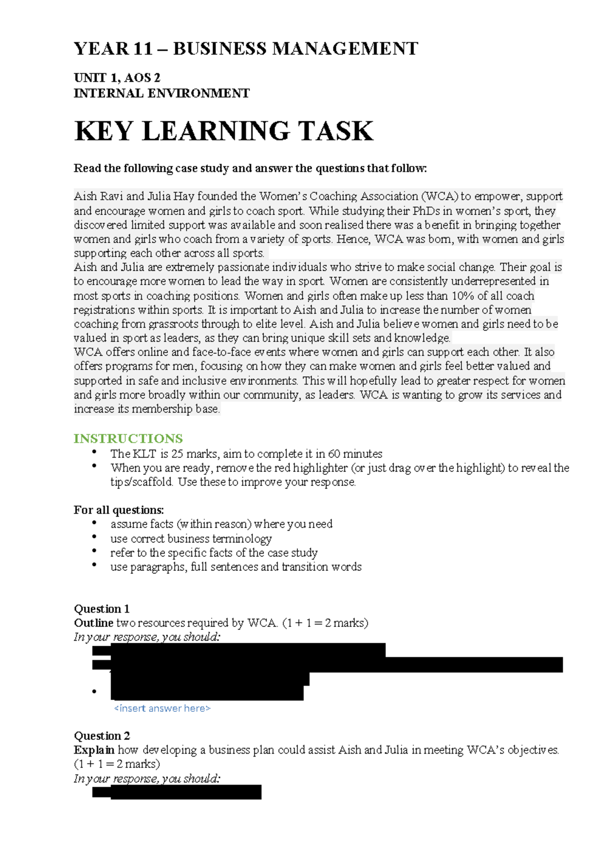 Business Management Unit 1 Outcome 2 Practice SAC questions - YEAR 11 ...