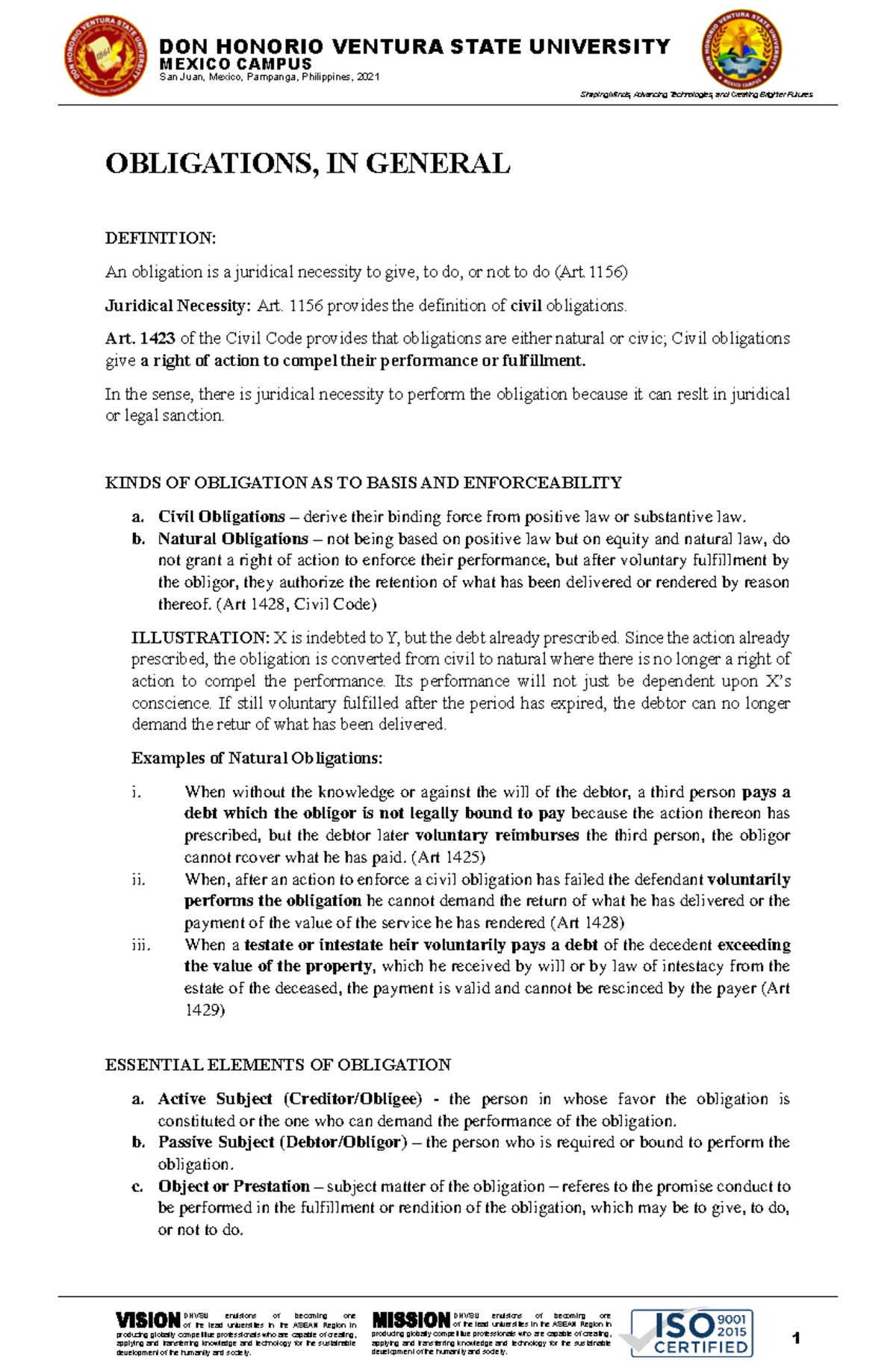 Obligations in Civil Law: General Provisions (DHVSU 2021) - Studocu