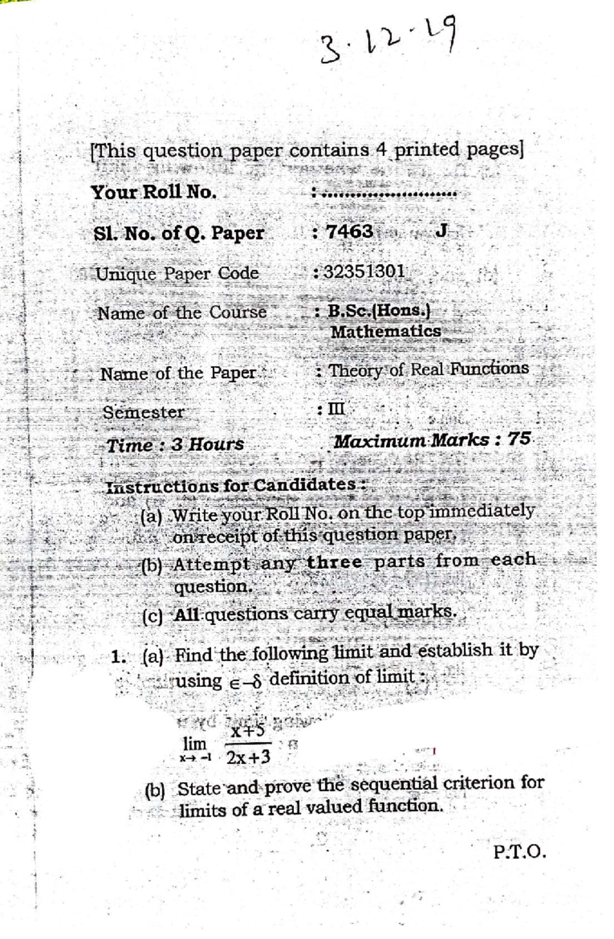 TRF 7 7463 2019-2020 - B.Sc. Mathematics Theory of Real Analysis PYQ ...