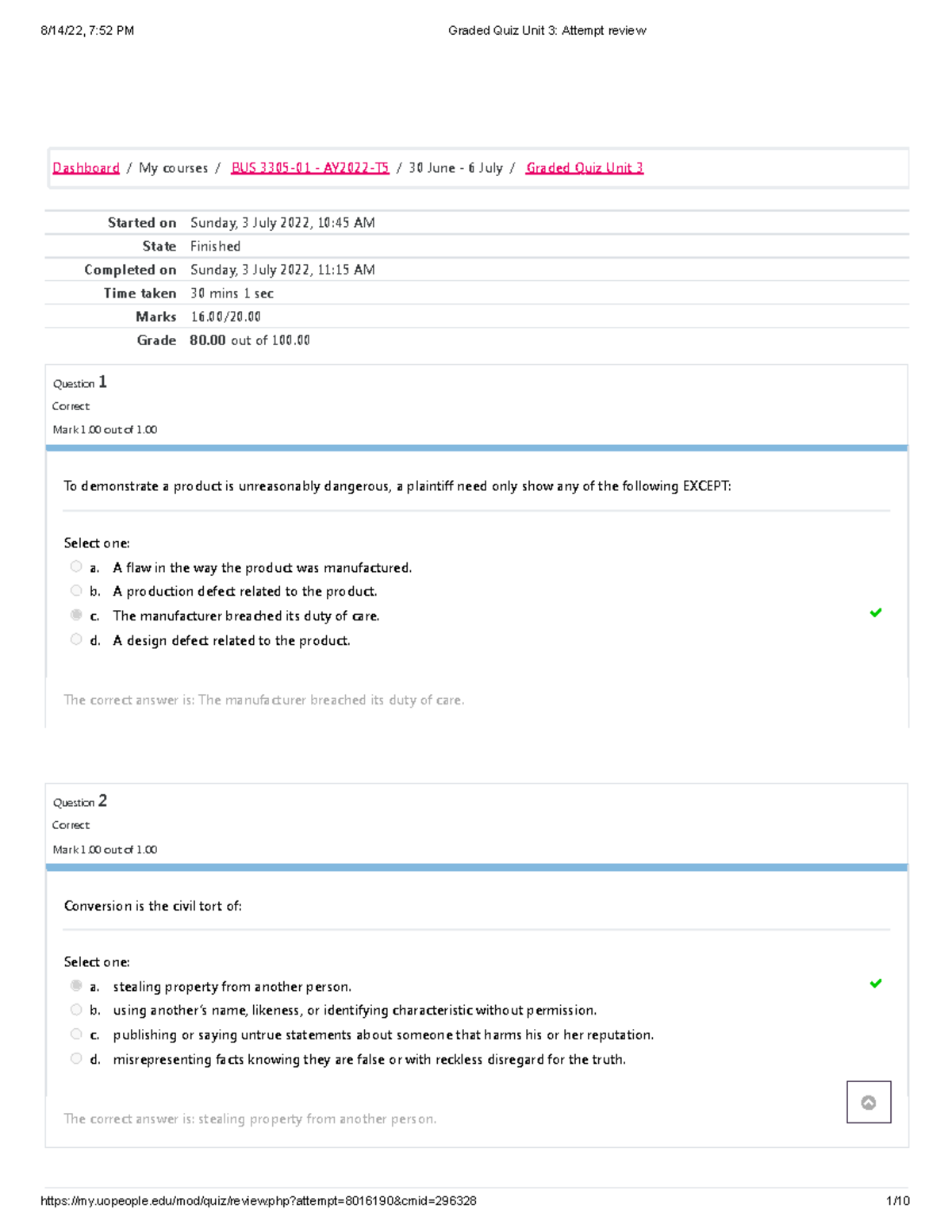 BUS 3305 Graded Quiz: Business Law and Ethics Unit 3 Results - Studocu