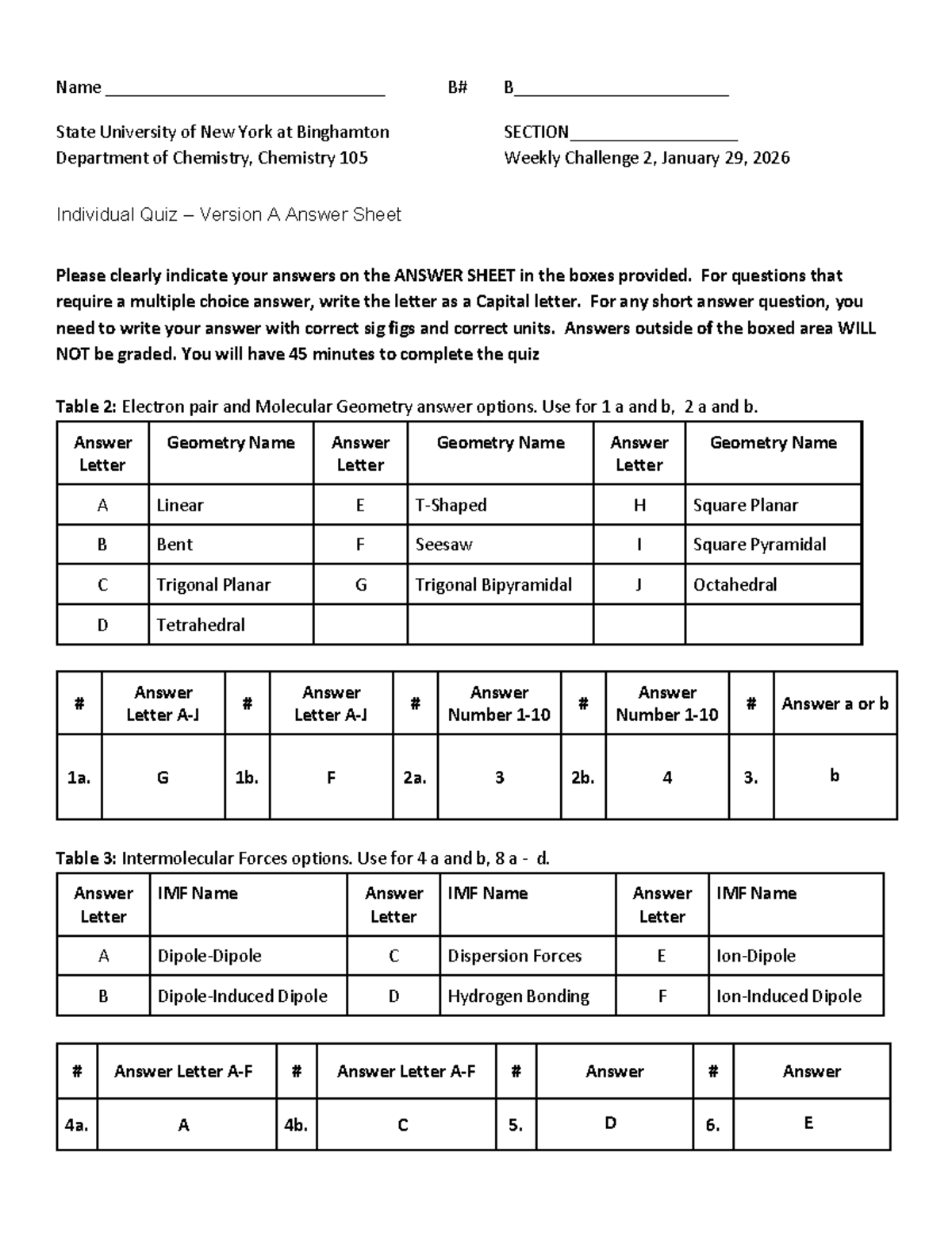 Chemistry 105 Weekly Challenge 2 Quiz Answer Key - Version A - Studocu