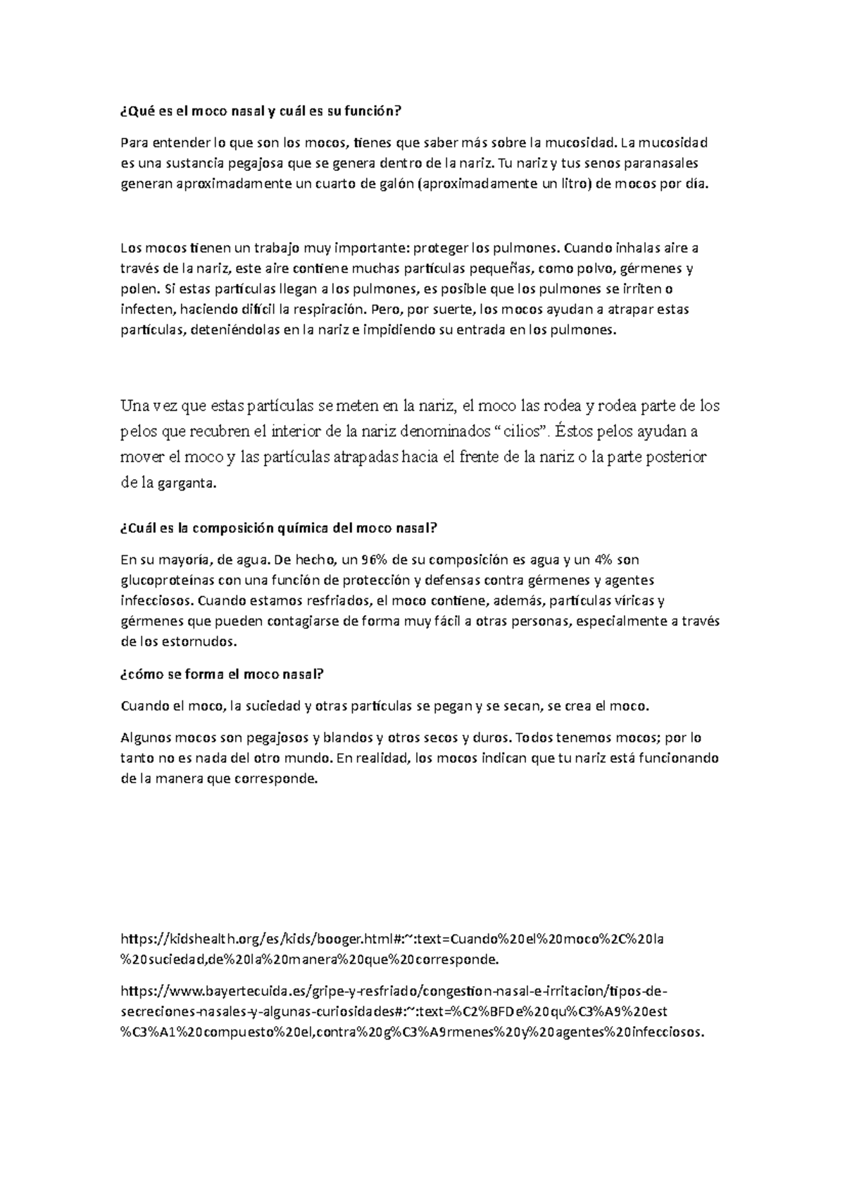 Moco Nasal: Función, Composición y Formación del Moco - Studocu