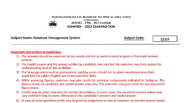 DMS 22319 Database Management System Summer 2023 Model Answer - Studocu