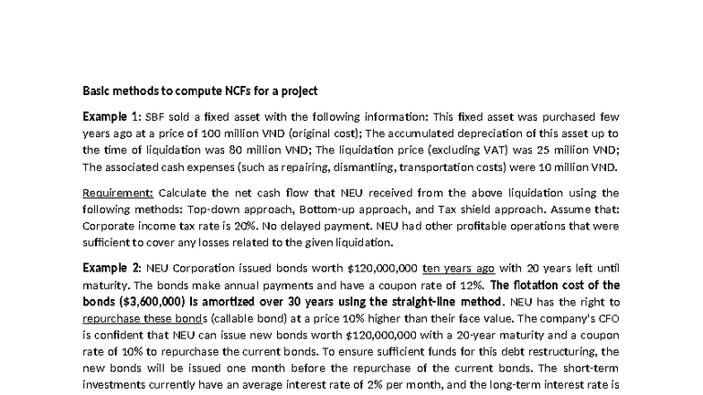 Net Cash Flow Calculation Examples for Project NCFs - Studocu