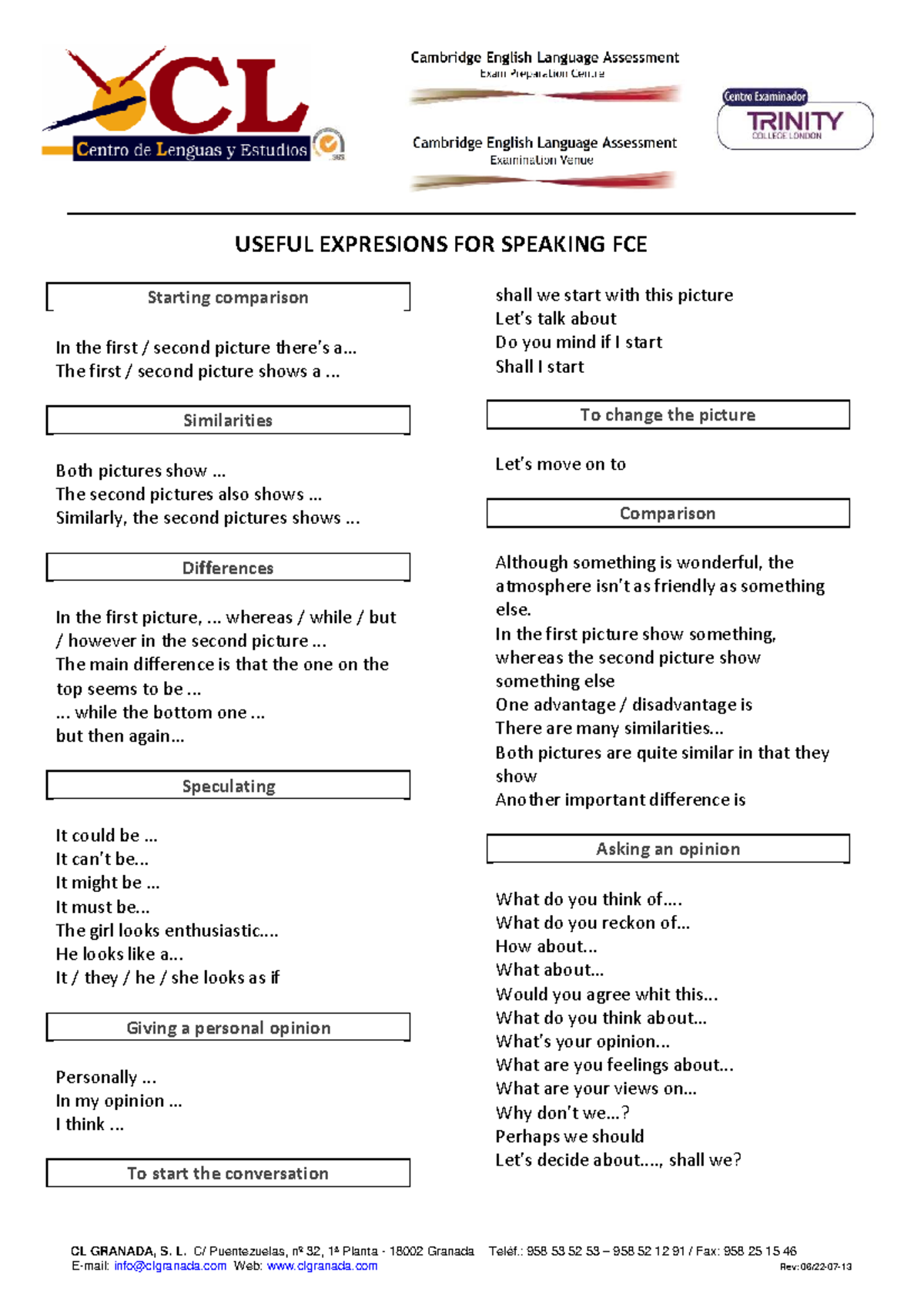 Useful Expressions for Speaking FCE: Comparison and Opinion - Studocu