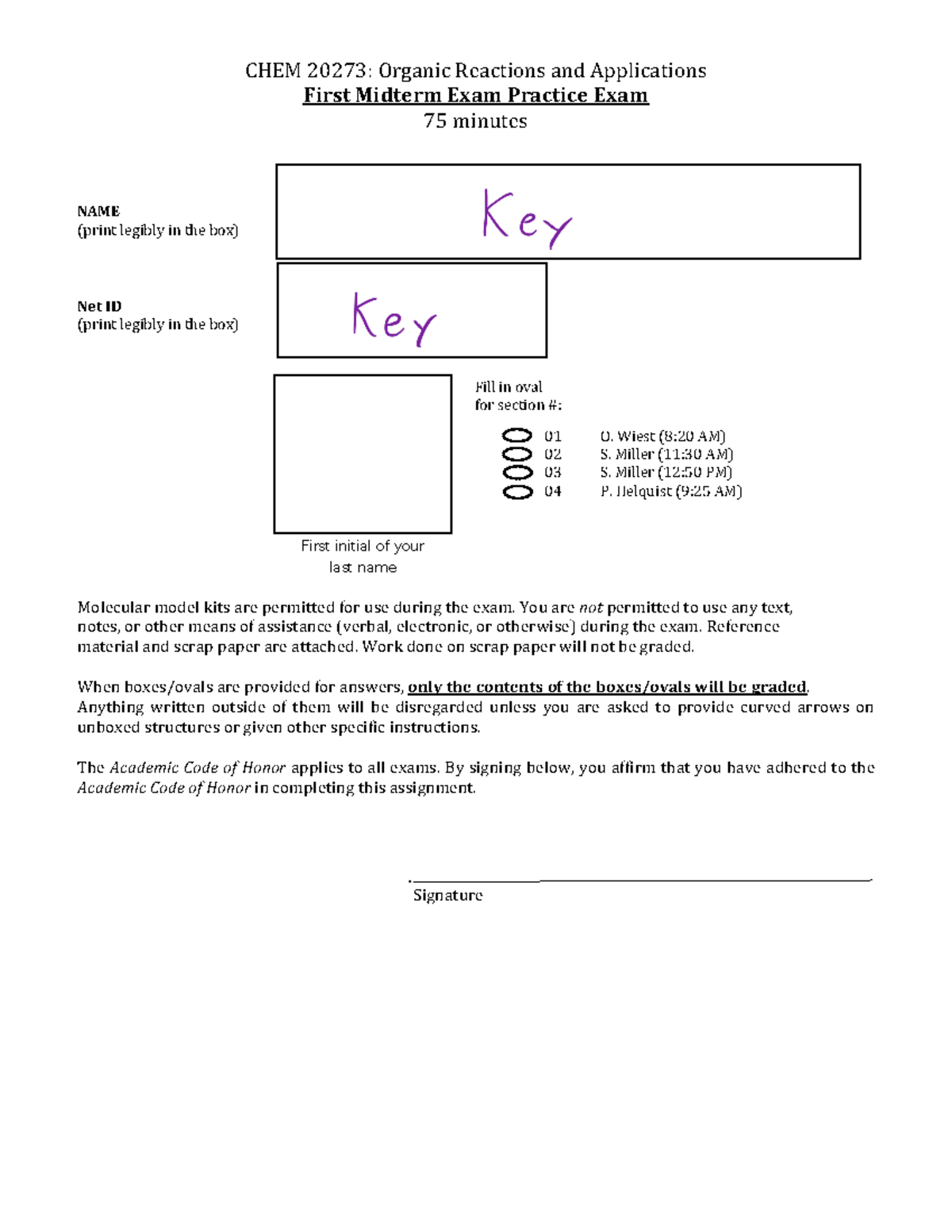 CHEM 20273 - First Midterm Exam Practice Key: Organic Reactions - Studocu