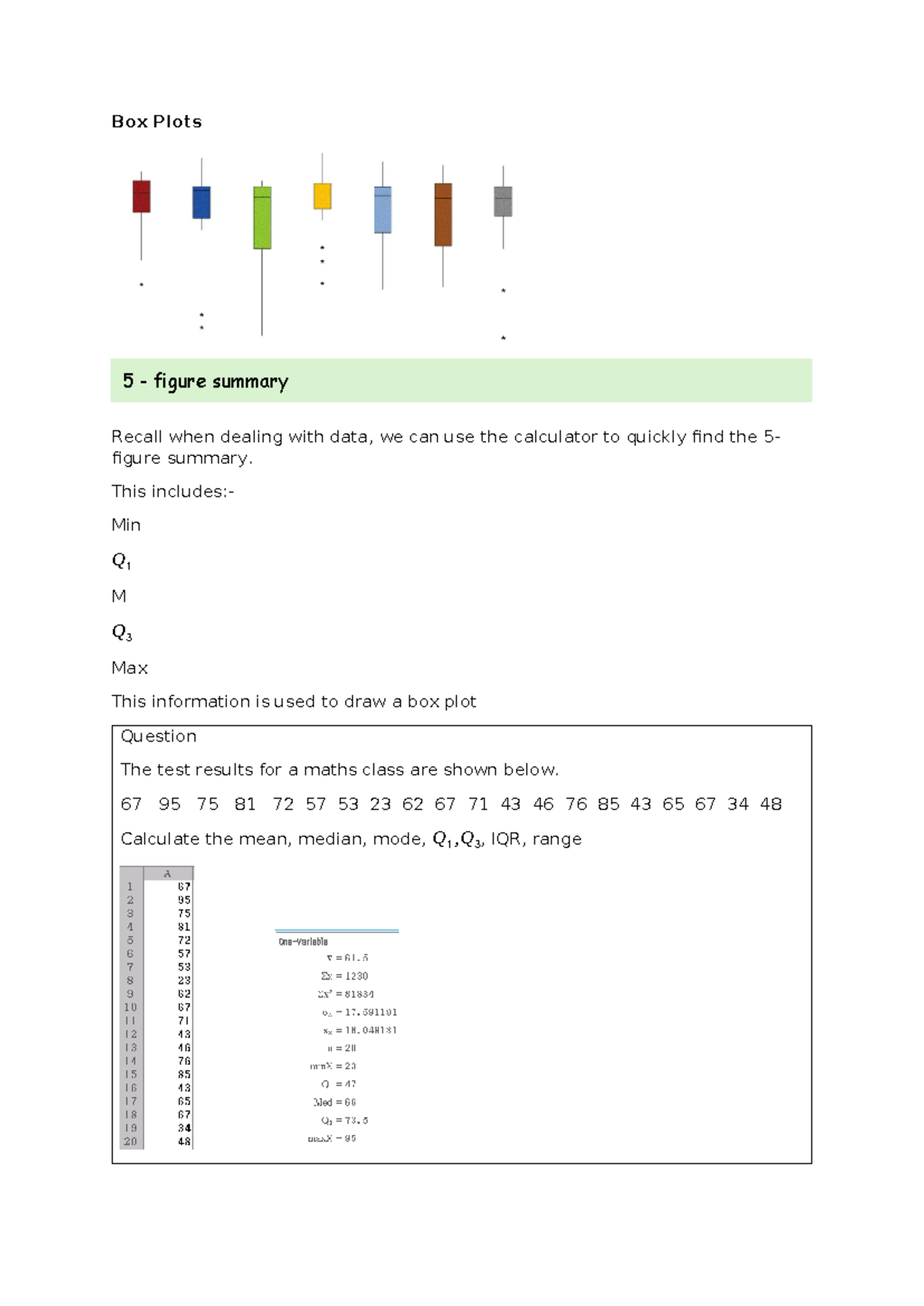 Box Plots - these are notes for a summary book - Box Plots Recall when ...