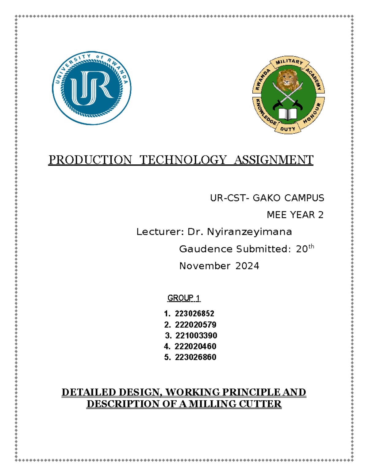 Group 1 Production Technology Assignment - PRODUCTION TECHNOLOGY ...