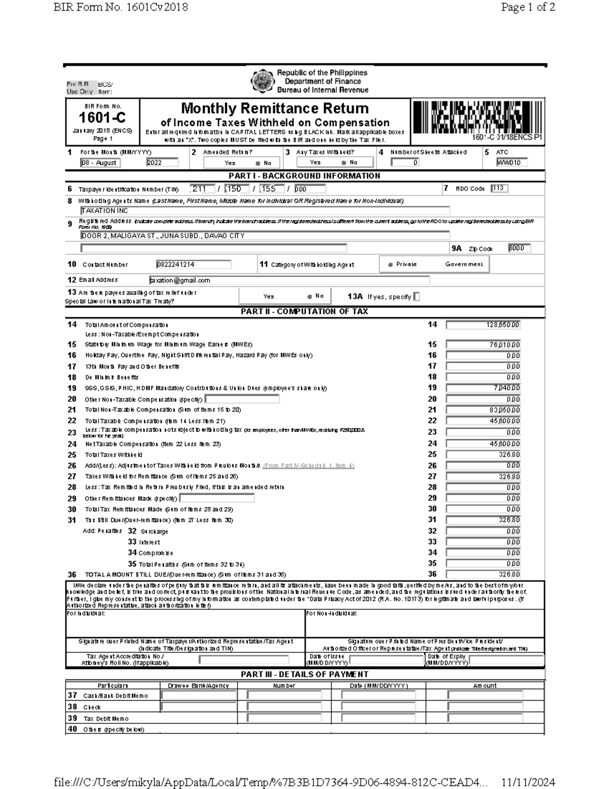TAX 1601-C Monthly Remittance Return - August 2022 Guide - Studocu