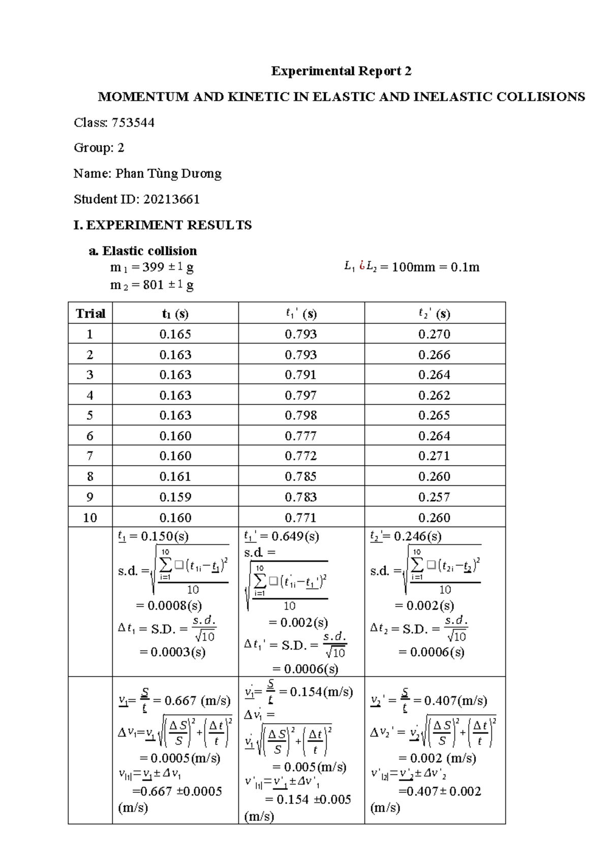 Experimental Report 2: Momentum & Kinetic Energy in Collisions (753544 ...