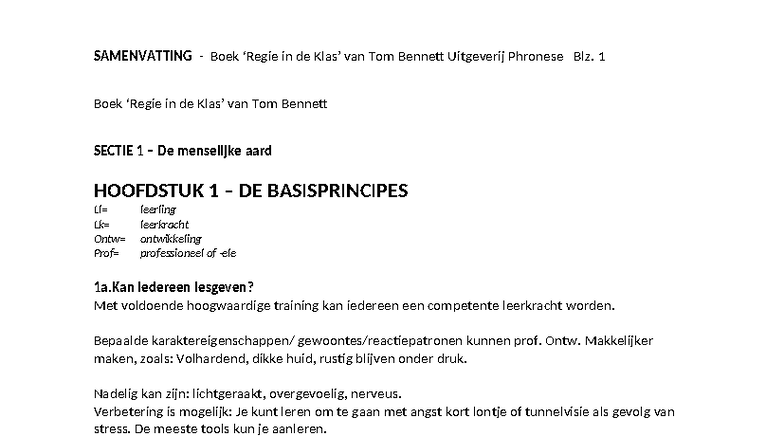 SAMENVATTING Regie in de Klas van Tom Bennett - Hst 1 - Studeersnel