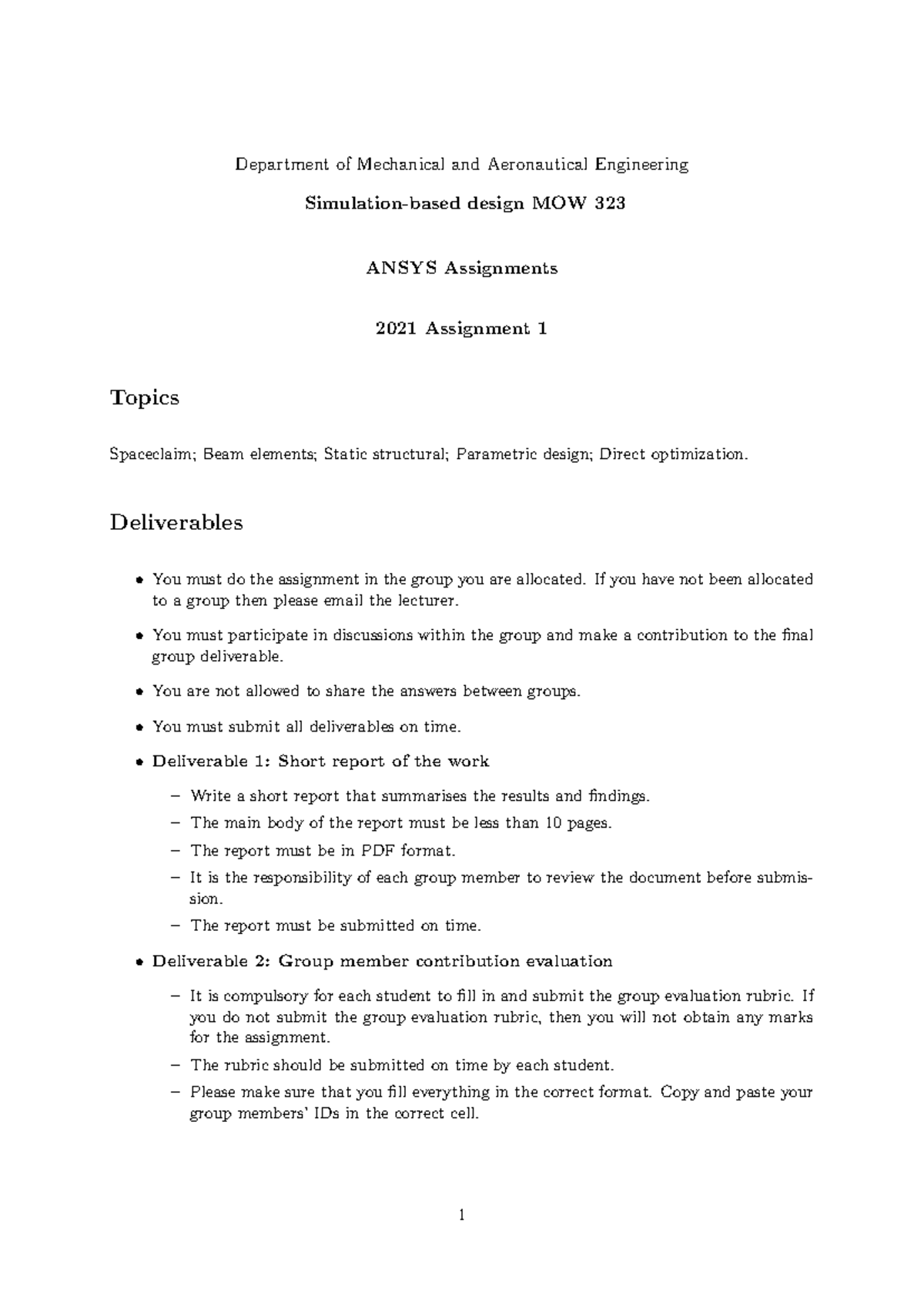 MOW323 2021 ANSYS Assignment 1: Simulation and Optimization Tasks - Studocu