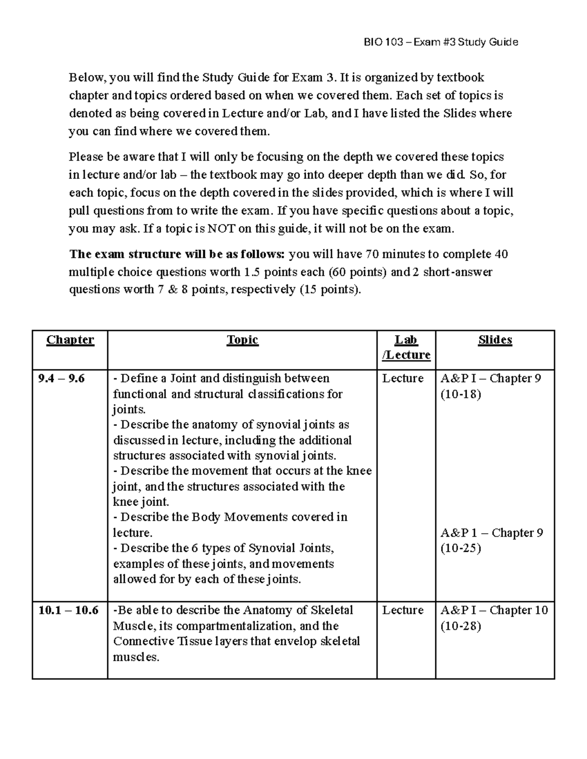 BIO 103 – Exam 3 Study Guide on Anatomy & Physiology Concepts - Studocu