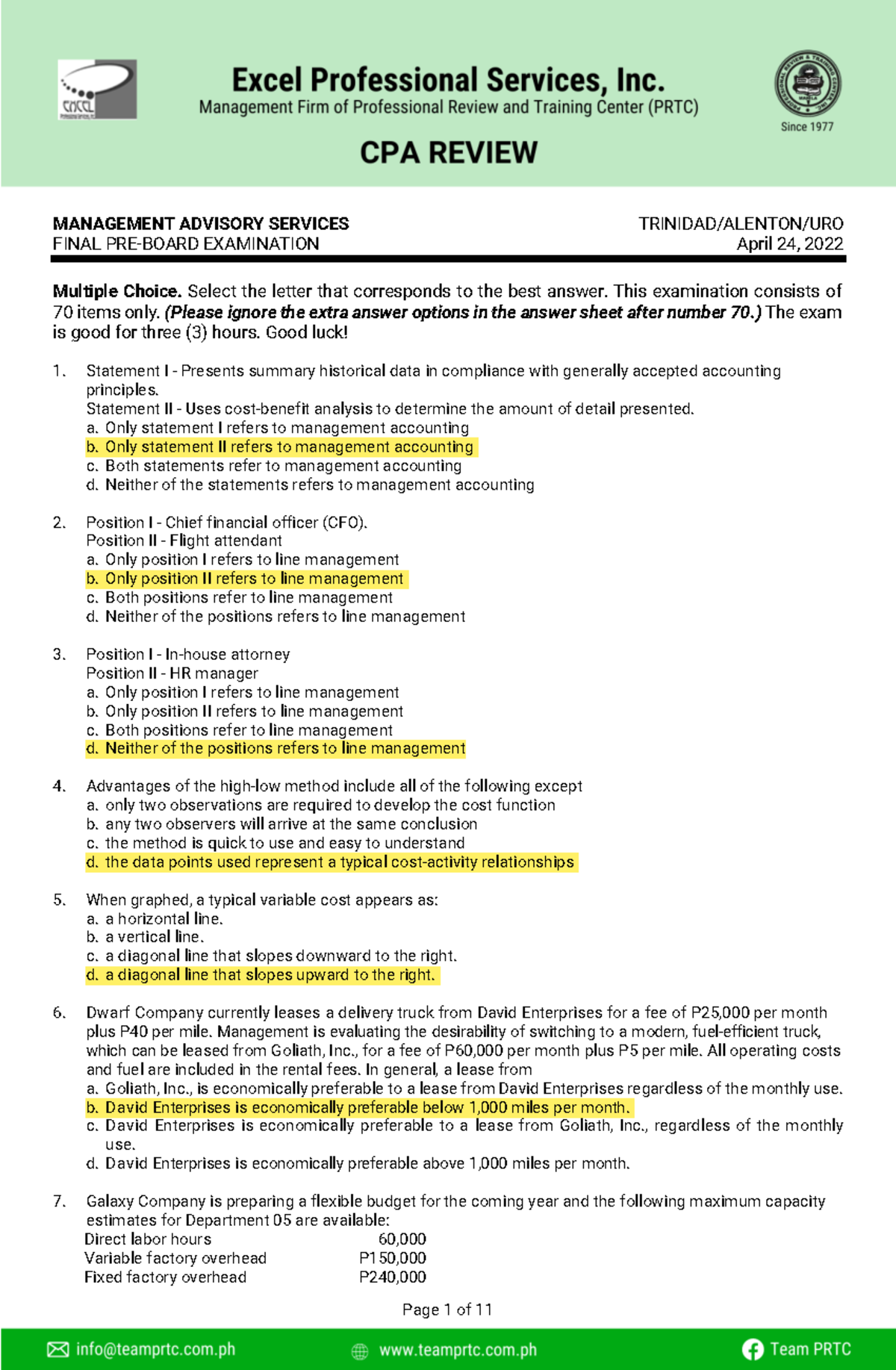 MANAGEMENT ADVISORY SERVICES (FIN 2022) FINAL EXAM MULTIPLE CHOICE ...
