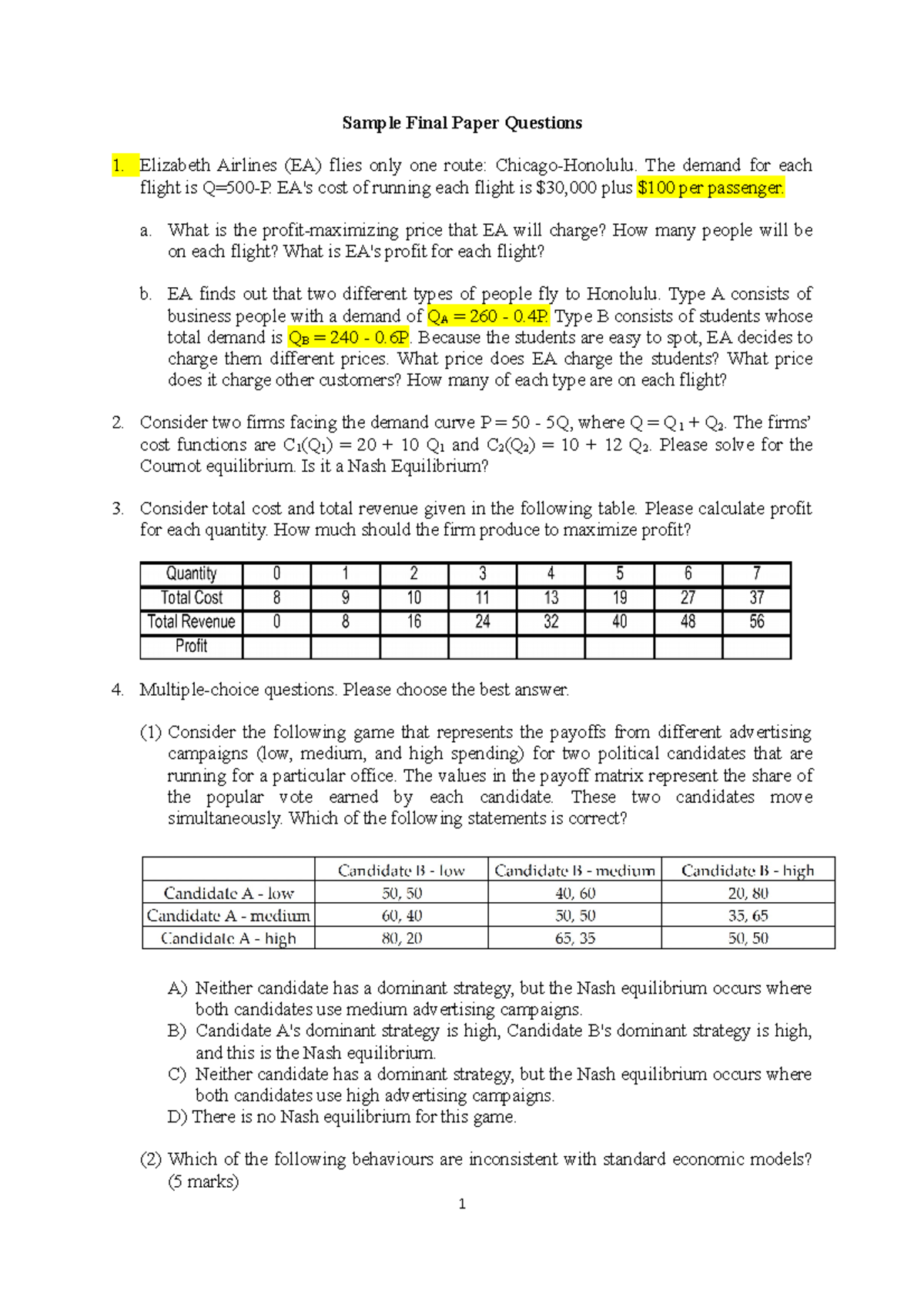 Sample Final Exam Questions for Economics 101 - Studocu