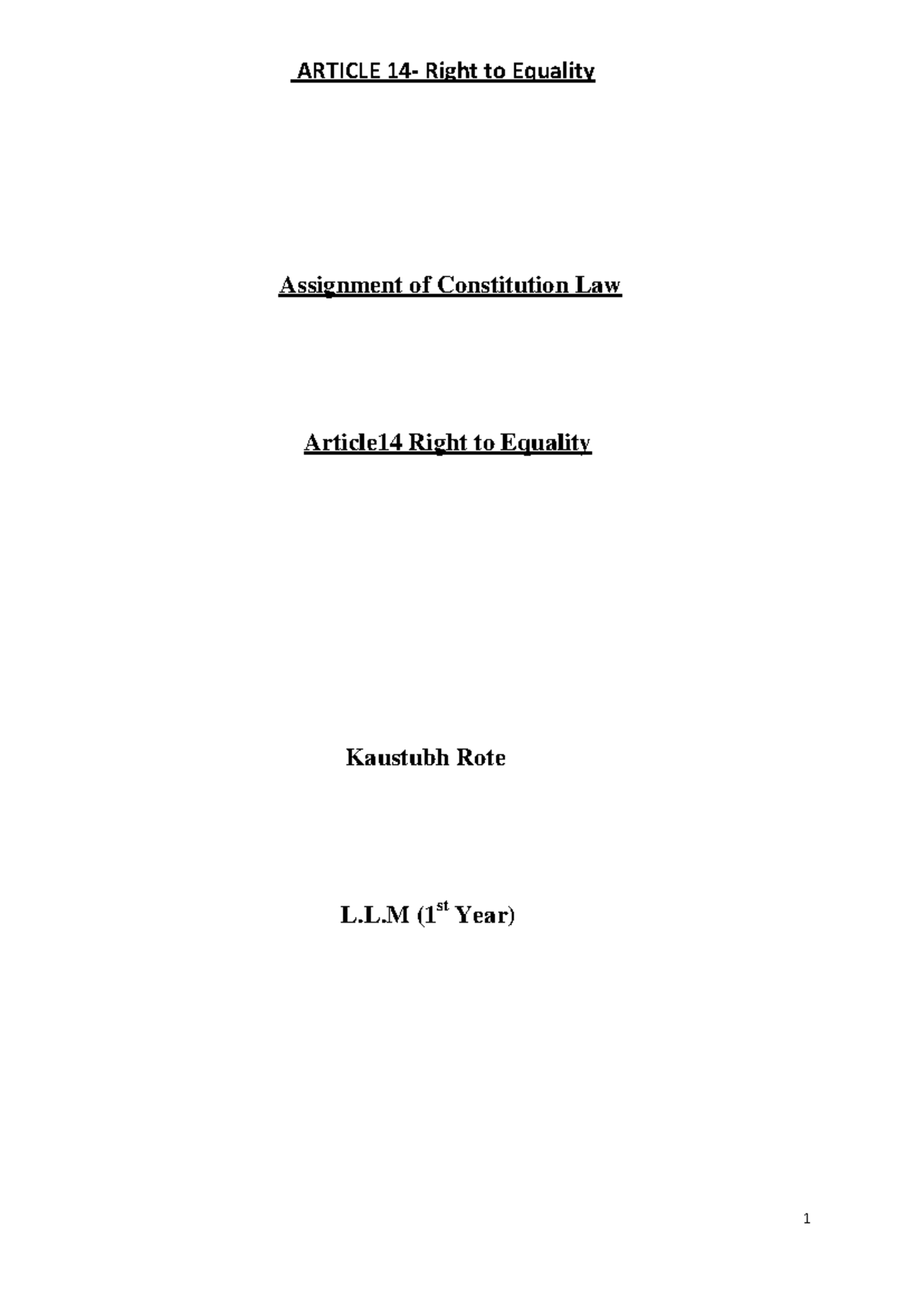 L.L.M (1st Year) Article 14: Exploring the Right to Equality in ...