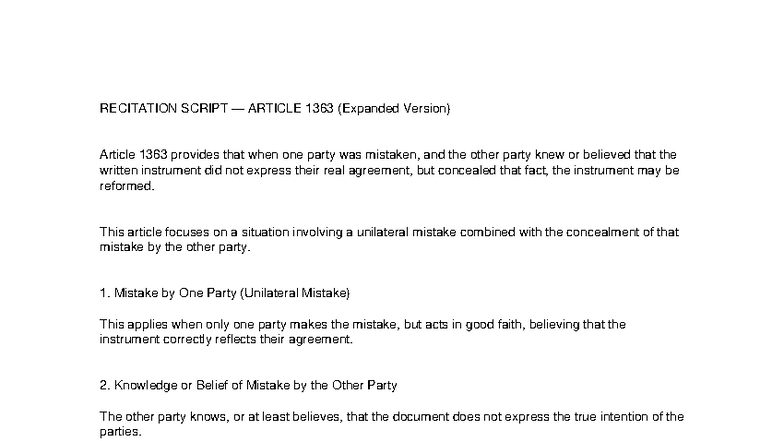 RECITATION SCRIPT: Article 1363 on Unilateral Mistakes and Reformation ...