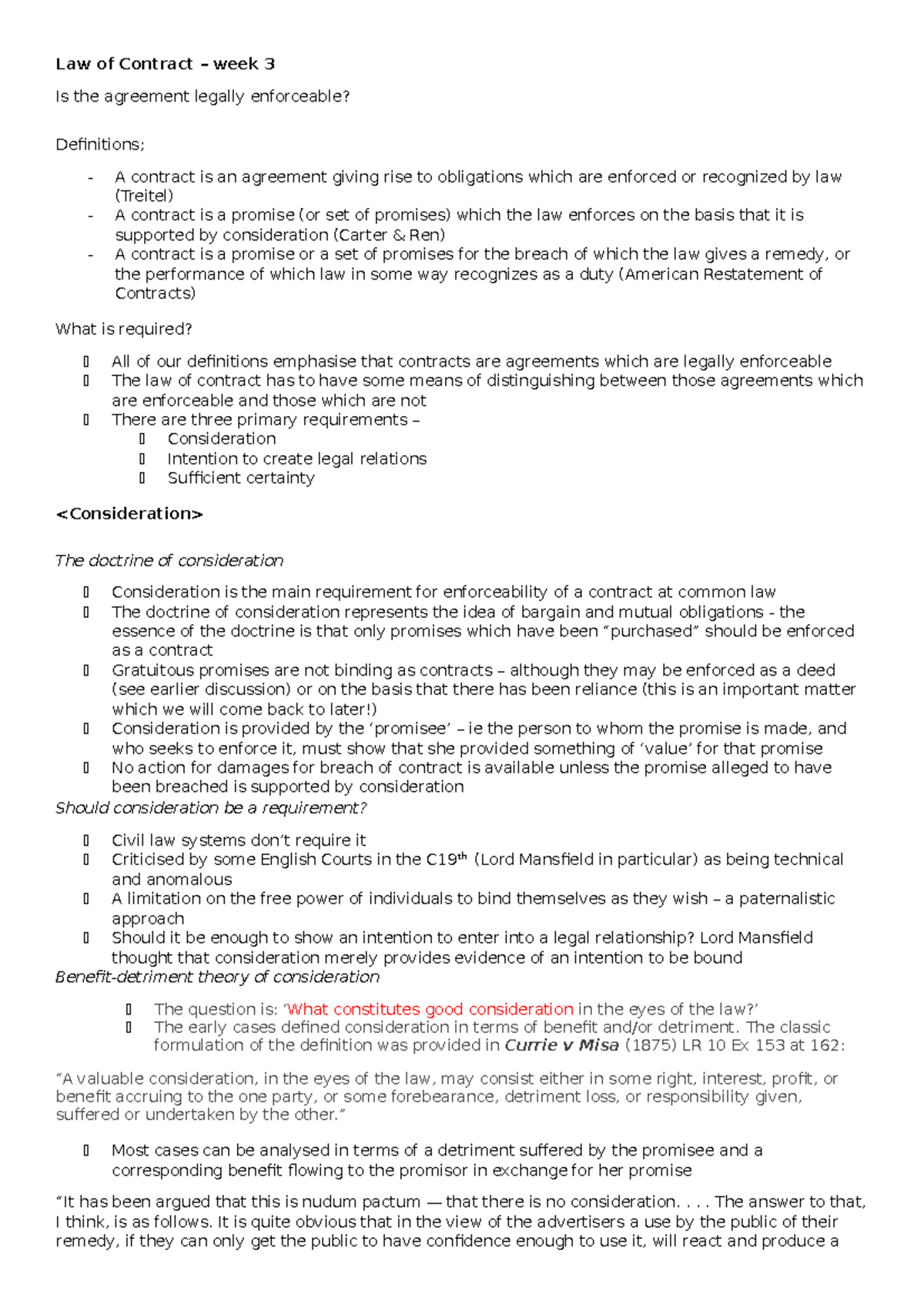 Law of Contract - Week 3 Lecture on Enforceability and Consideration ...