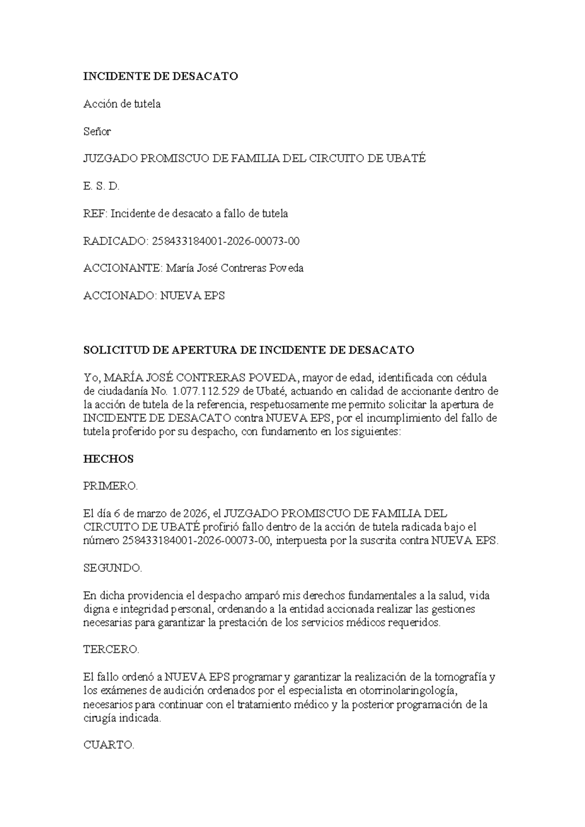 Incidente de Desacato a Fallo de Tutela - María José Contreras P. - Studocu