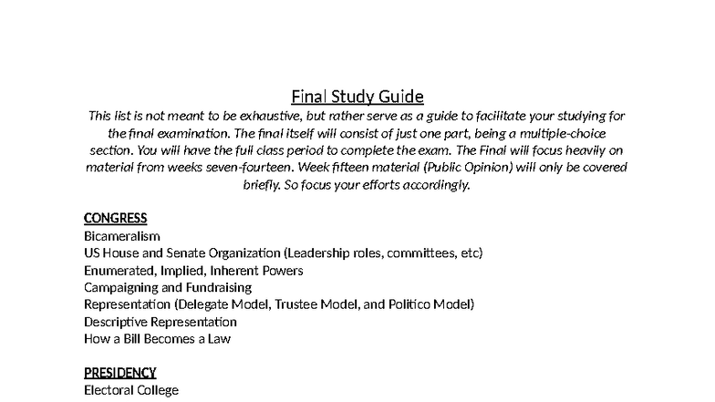 Final Study Guide for US Government & Politics Exam (POLS 101) - Studocu