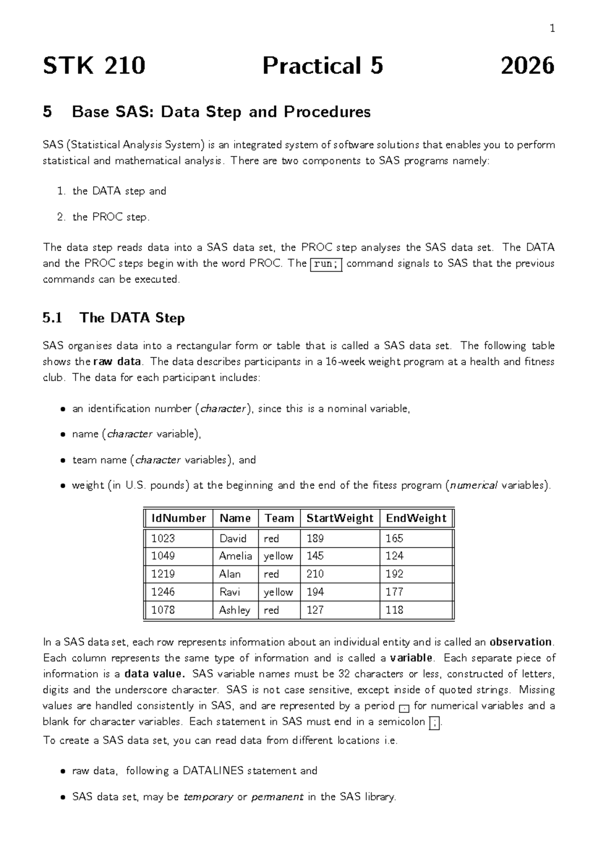 Practical 5: Base SAS Data Step & Procedures (1 STK 210) - Studocu