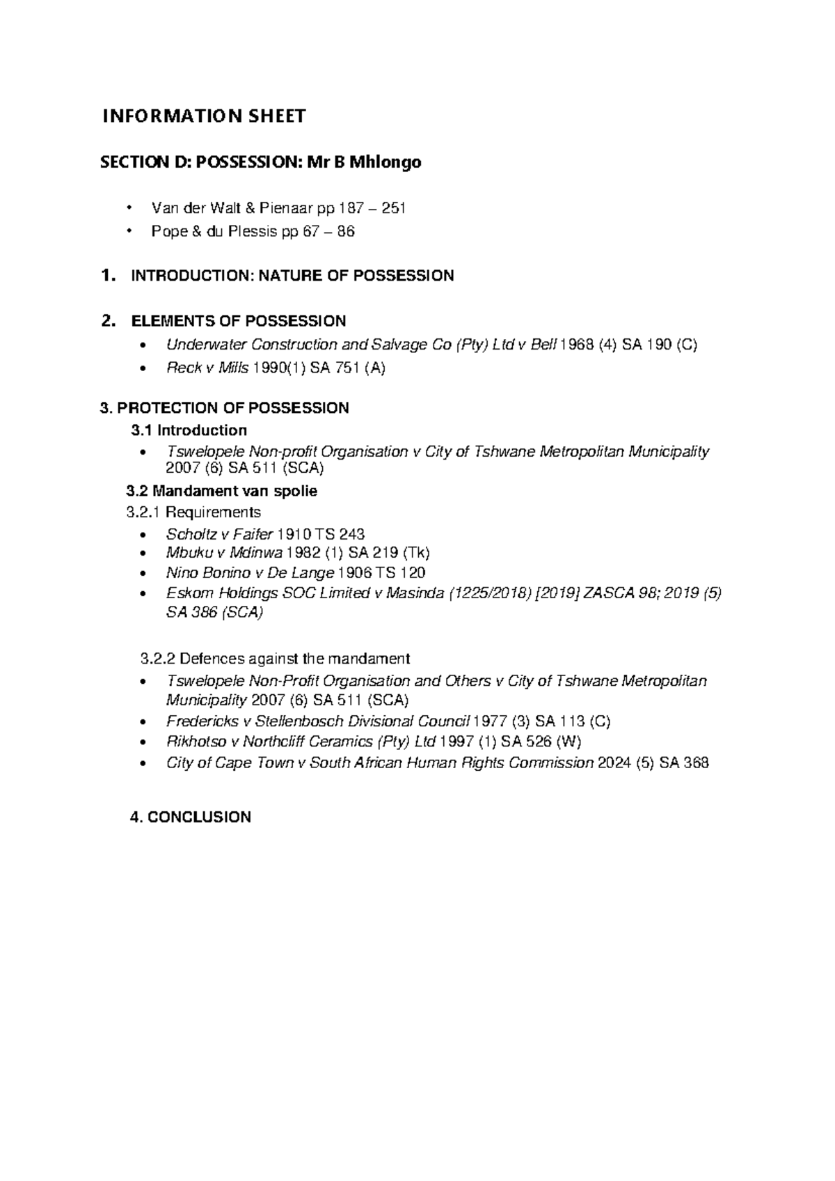 Section D: Possession Information Sheet (2026) - Key Elements & Cases ...