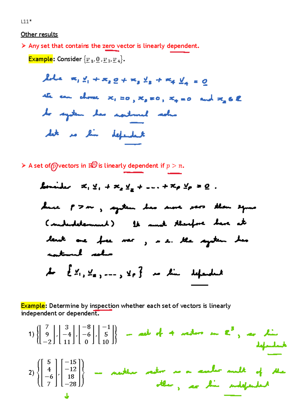 Lecture Notes 11: Linear Dependence and Matrix Algebra Concepts - Studocu
