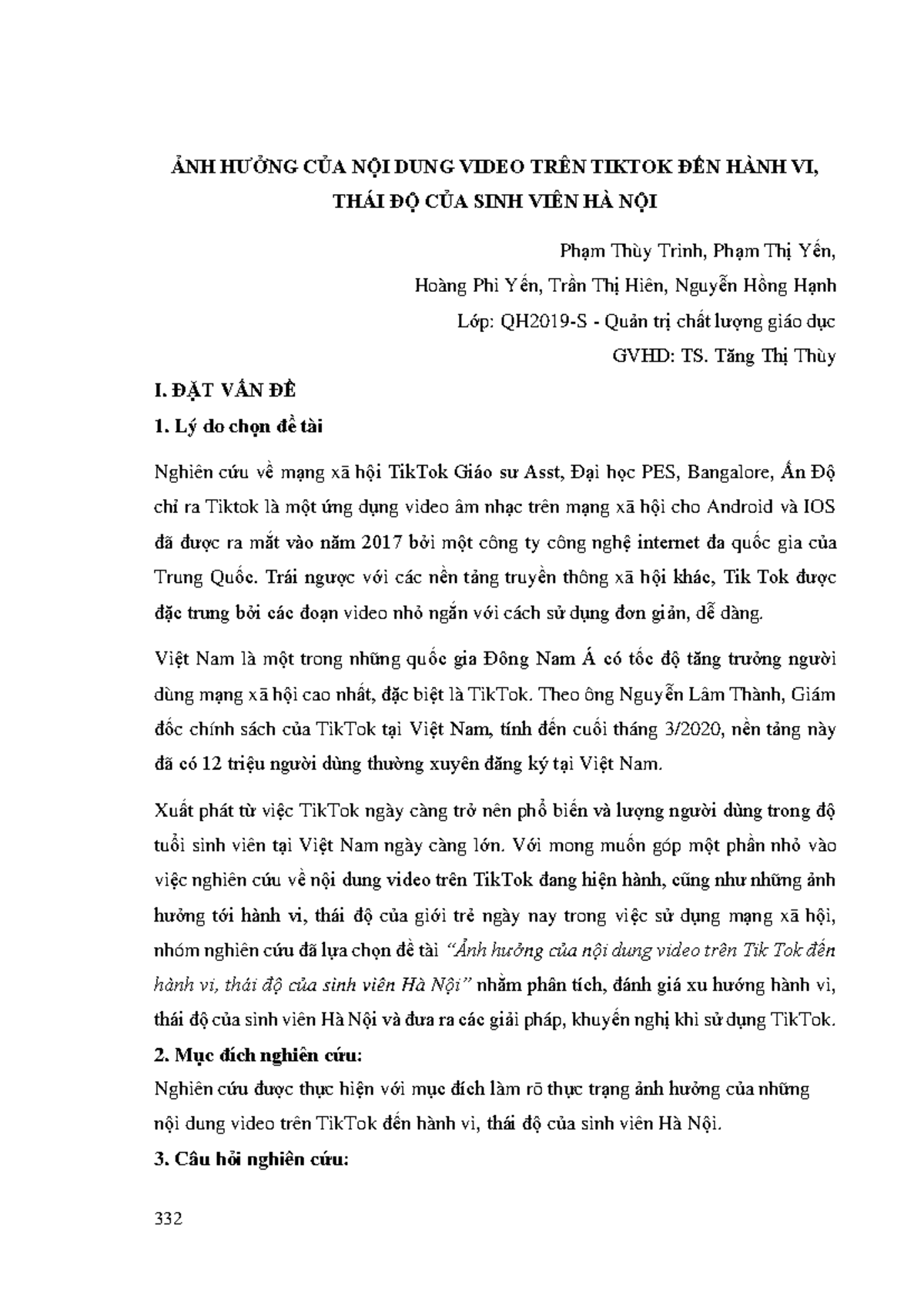 Nghiên Cứu: Ảnh Hưởng Video TikTok Đến Hành Vi Sinh Viên Hà Nội - QT2019-S - Document Preview
