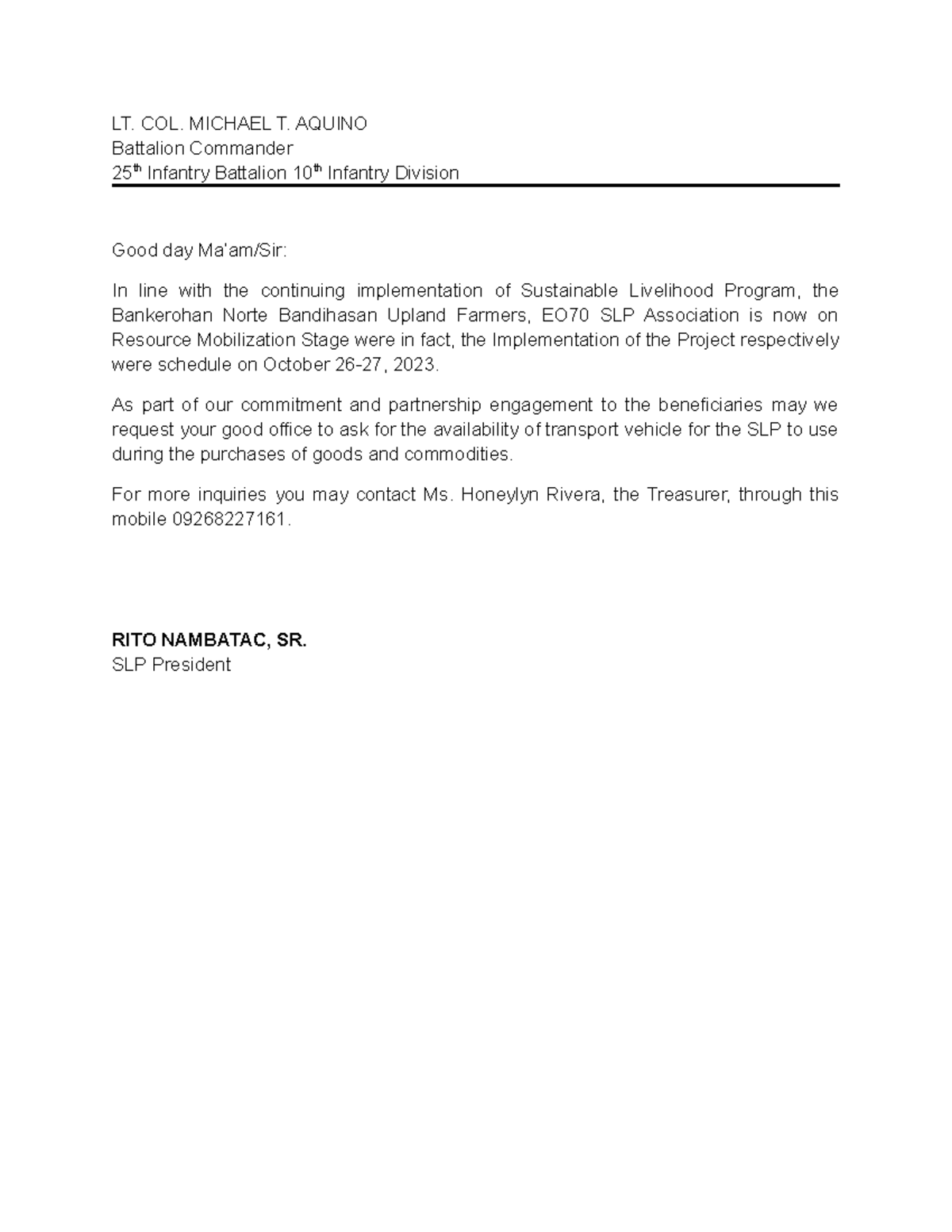 SLP Letter - LT. COL. MICHAEL T. AQUINO Battalion Commander 25 th ...
