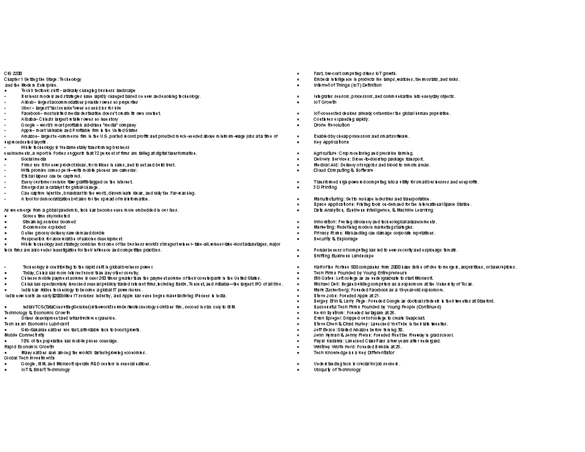 CIS 2200 - Summary of Technology's Impact on Modern Business Strategies ...