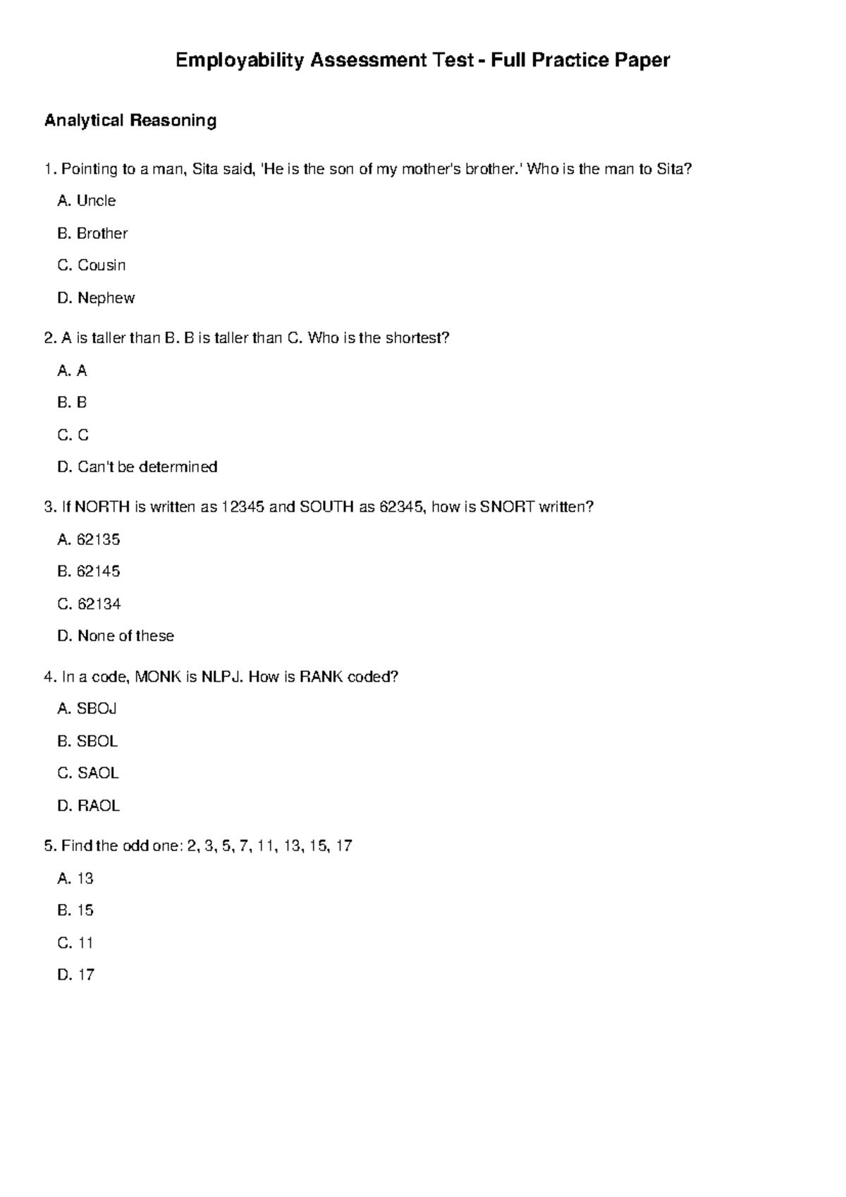 Employability Assessment Test Full Practice Paper: Analytical & English ...