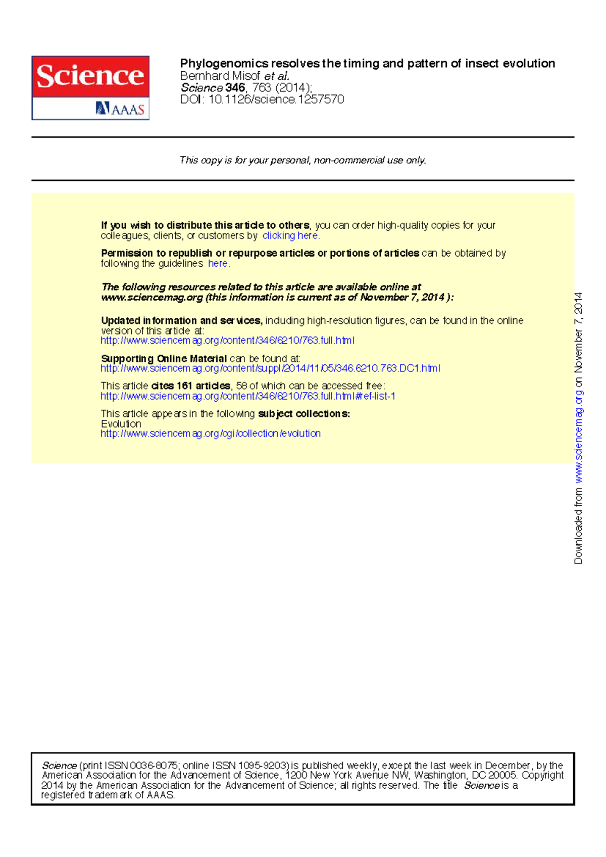 Phylogenomics resolves the timing and pattern of insect evolution - DOI ...