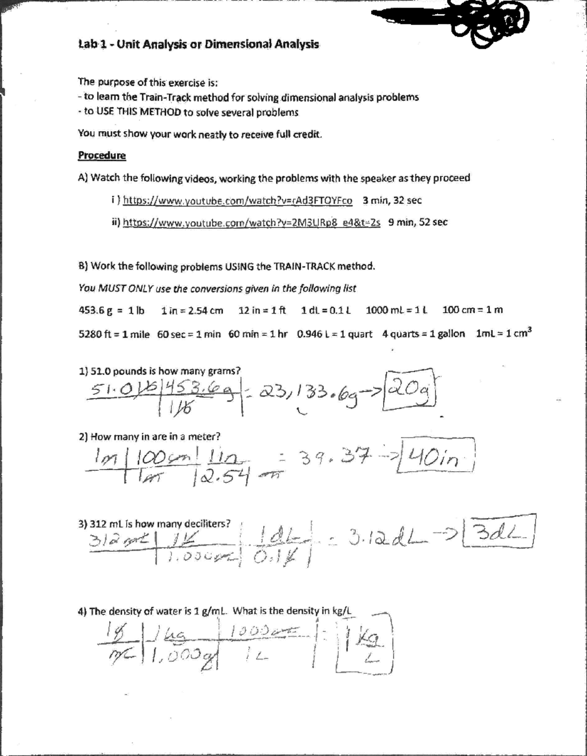 Chem 1411 Lab 1 - Chemistry Lab notes - Lab 1 Unit Analysis or ...