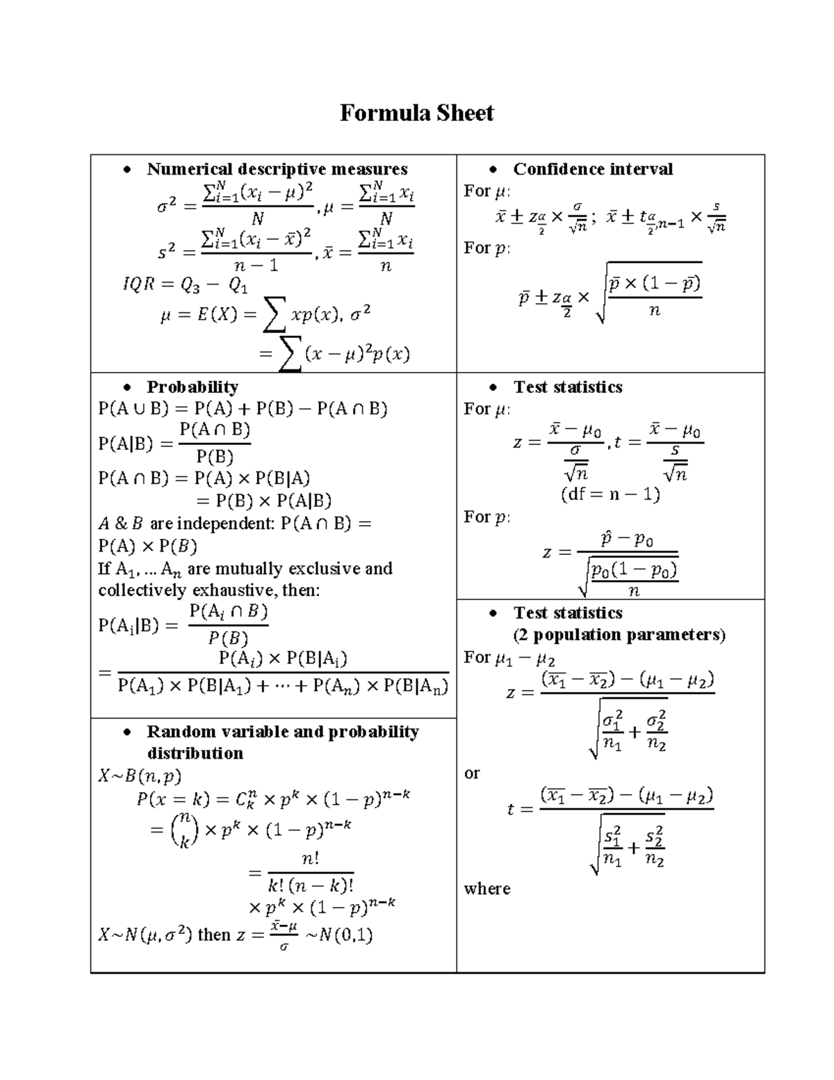 Statistics Formula Sheet - Essential Measurements & Probability - Studocu