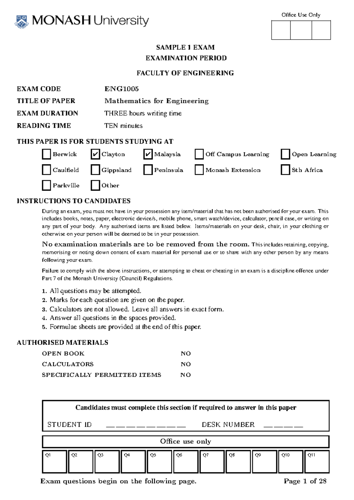 ENG Mathematics for Engineering Sample Exam 1 - October 2017 Questions ...