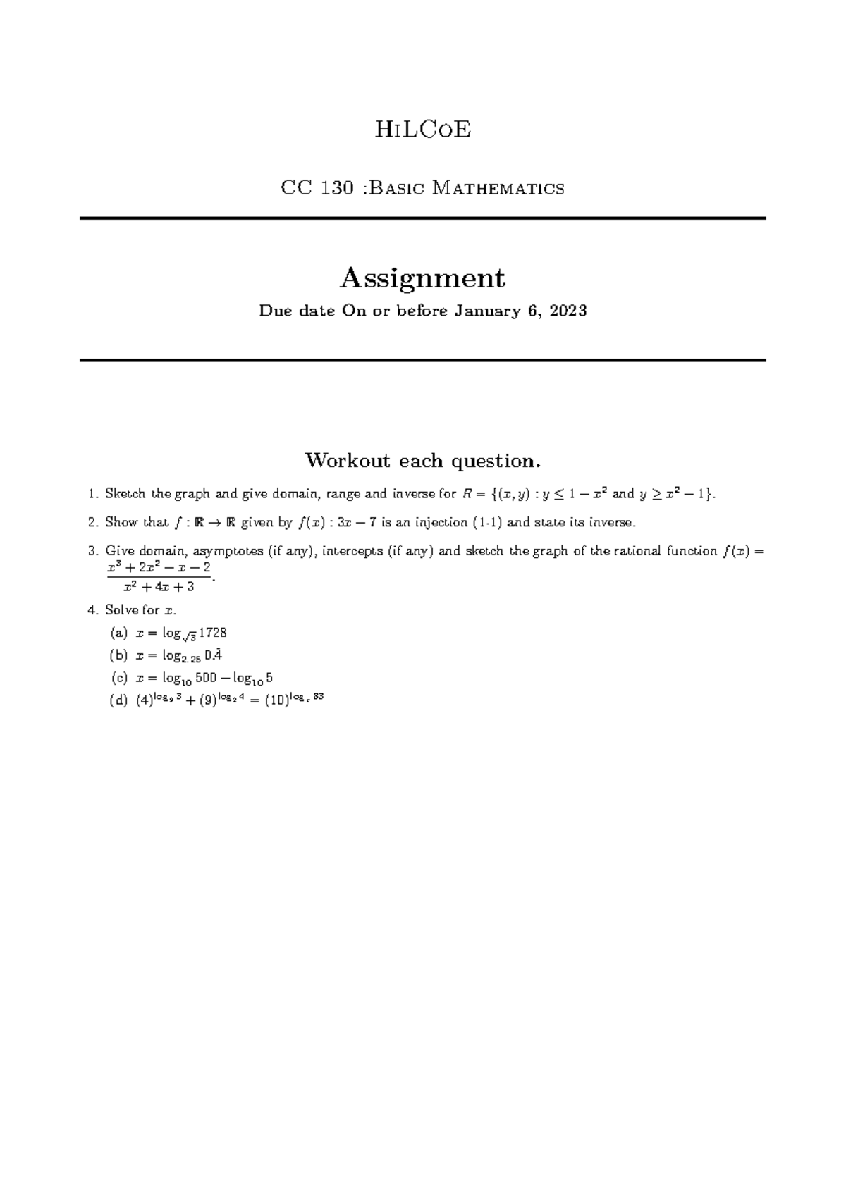 CC 130: Basic Mathematics Assignment on Functions and Graphs - Studocu