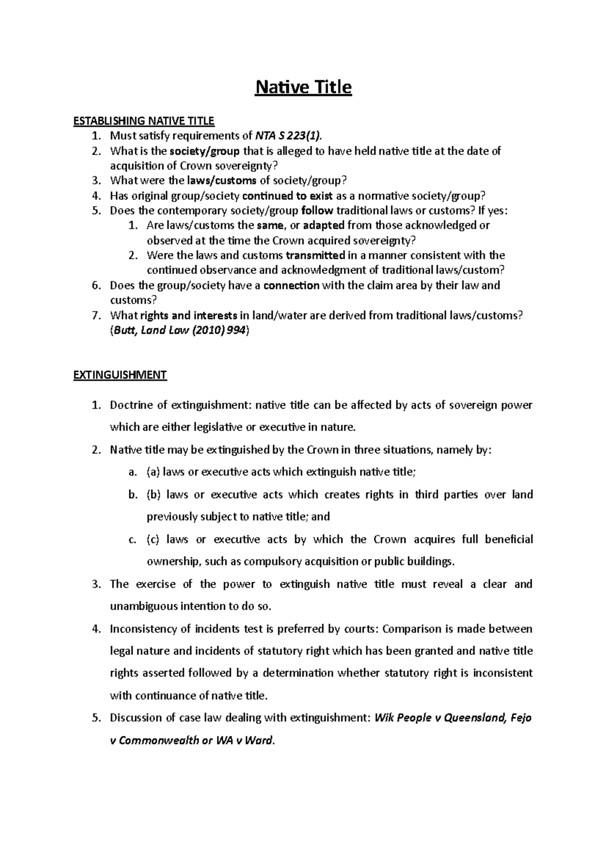 Native Title Overview: Key Concepts and Extinguishment - NTA S 223(1 ...