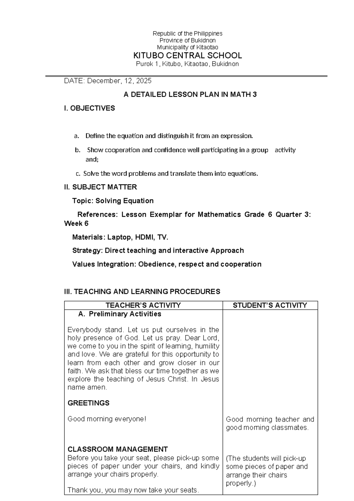 DLP IN MATH 3: Solving Equations Lesson Plan - Kitubo Central School ...