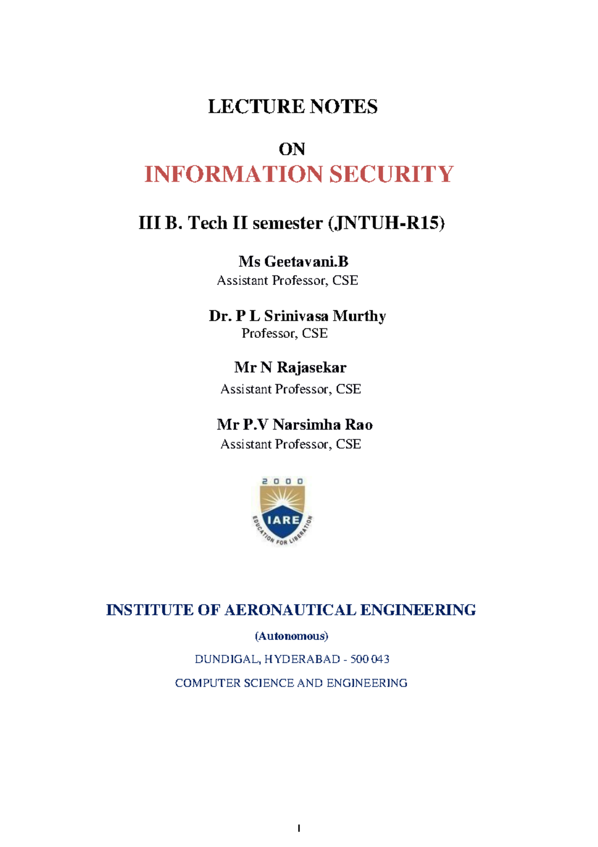 IARE IS Lecture Notes on Information Security for CSE III B.Tech II Sem ...