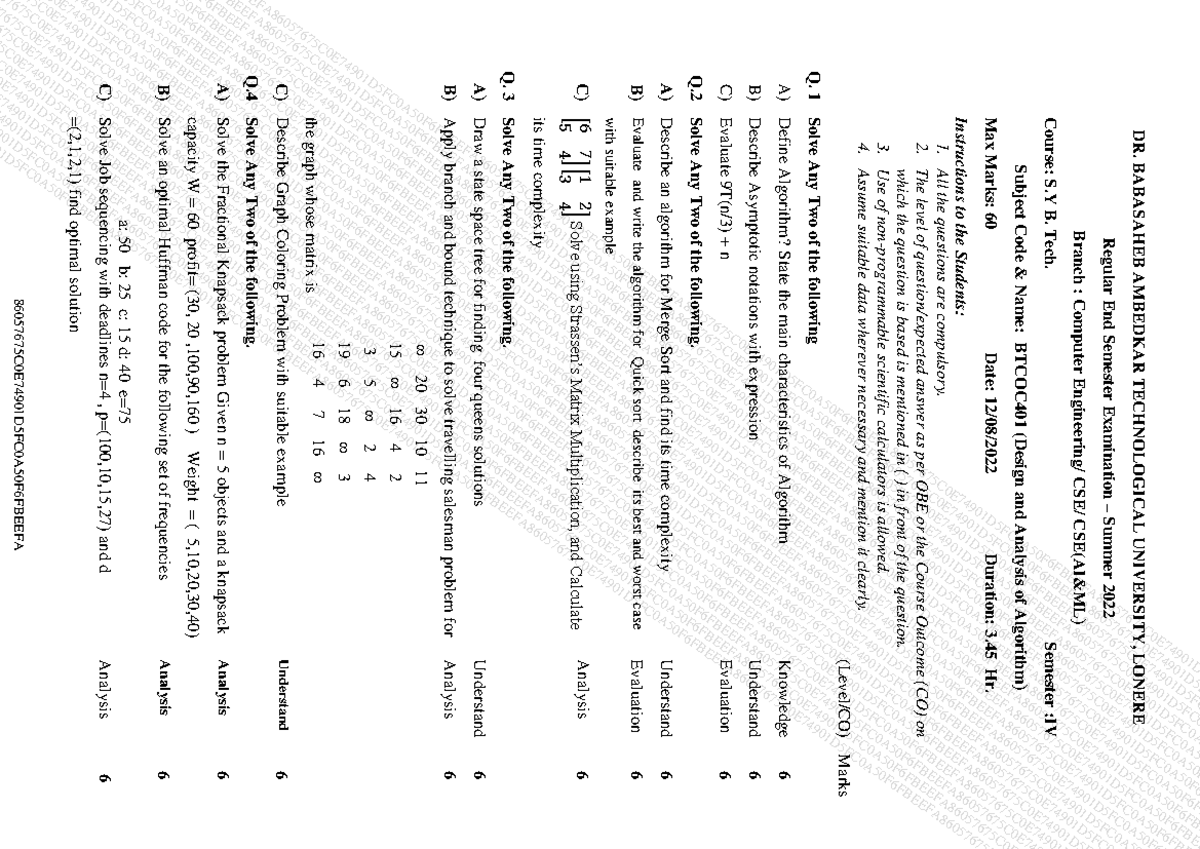 BTCOC401 Final Exam Question Paper - Design and Analysis of Algorithms ...